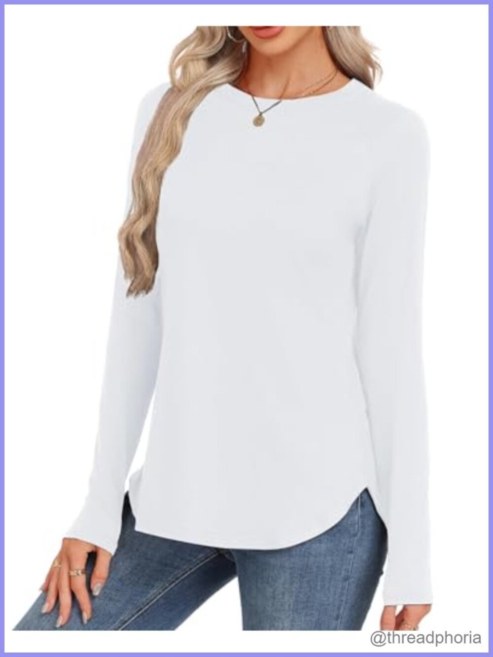 Long Sleeve Tunic Top Loose Fit Crew Neck Curved Hem Shirt